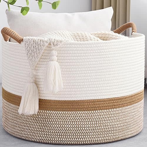 67L Large Blanket Basket, 20"x13" Woven Storage Baskets With Handle, Cotton Rope Blanket Basket Living Room, Baby Laundry hamper for Blanket, Nursery, Toy, Pillow (White & Brown)