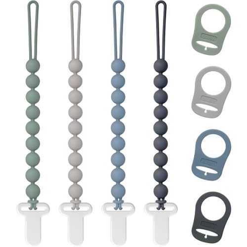 Pacifier Clips Silicone, 4-Pack Pacifier Holder Clip with Stylish Round Design and Adapter Ring for MAM Dummy, 100% Food Grade Silicone, Safe Essentials for Newborns Baby Boys and Girls