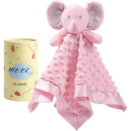 MOVEPAI Baby Security Blanket, Soft Baby Lovey Toy Blanket for Girls, Snuggle Toy Lovie Newborn Gift, Stuffed Animals Pink Elephant 16 Inch
