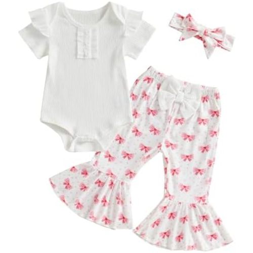 MERSARIPHY Baby Girl Bell Bottom Outfit Cute Infant Newborn Girl Summer Clothes Ribbed Knit Ruffle Romper Tops Flare Pant Set