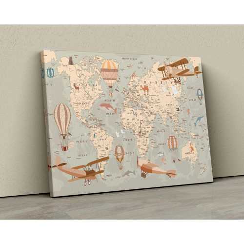 Vintage Travel World Map Canvas Poster for Kids, Hot Air Balloon and Plane Wall Art, Adventure Themed Nursery Decor, Educational Map Print