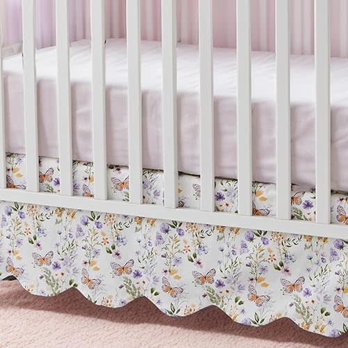 Brandream Scalloped Cotton Crib Skirt, Baby Girl Gender Neutral Crib Skirt Toddler Bedskirt Farmhouse Chic Nursery Crib Bed Skirt, Boho Bohemian Garden Wildflower Butterfly Print