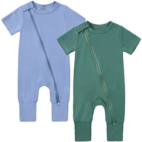 Baby 2 Pack Rayon of 97% Bamboo, 3% Spandex Rompers Short Sleeve Zipper Footless Onepiece Jumpsuit Sleep 'N Play