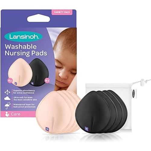 Lansinoh Reusable Nursing Pads, 8 Count (Pink & Black), Soft & Absorbent with Mesh Wash Bag, Eco-Friendly Breastfeeding Pads for Moms