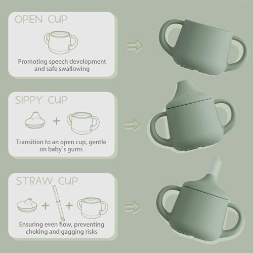 Moonkie Silicone Baby Sippy Cups | 3 Stages Training Cup Straw Cup for Infants Toddlers and Kid | 4 oz (Sage)