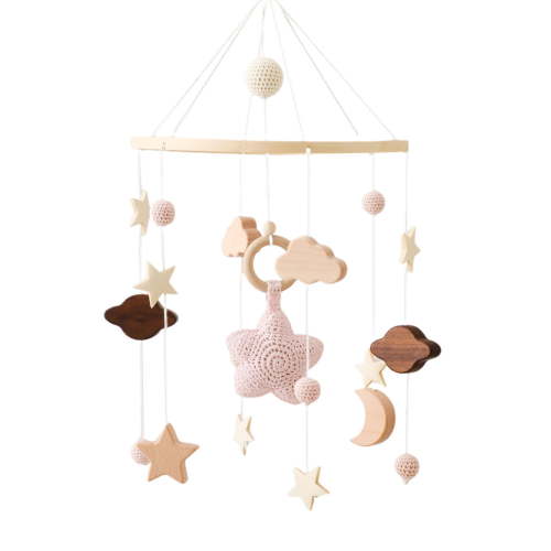Baby Crib Mobile for Boys Girls| Boho Nursery Mobile| Gender Neutral Hand-Crocheted Mobile| Ceiling Mobile - Stars, Clouds, Moon(Pink Star)