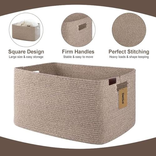 DelSol Large Rectangle Blanket Basket 56x43cm Woven Wicker Nursery Cotton Rope Baskets for Storage Pillows Clothes Toy Organizer Hamper with Handle (Brown): Baskets & Liners: Amazon.com.au
