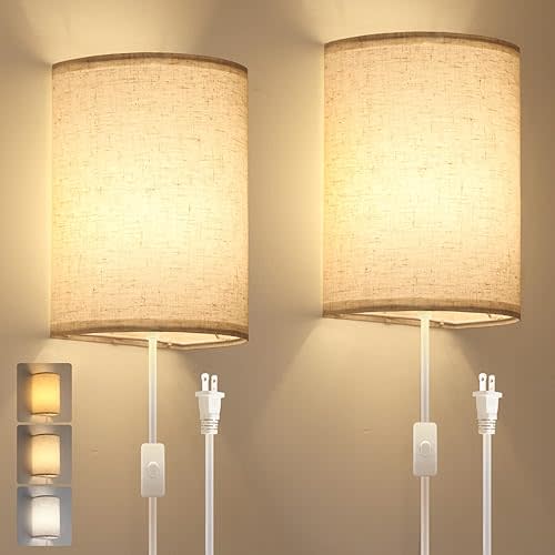 Plug in Wall Sconce, 3 Color Wall Sconces Set of Two, Industrial Wall Lamp with Plug in Cord, Rustic Wall Sconce Fixture For Headboard Bedroom (Beige)