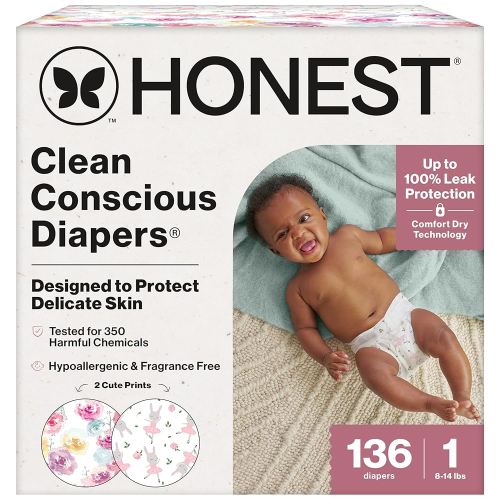 The Honest Company Clean Conscious Diapers for Sensitive Skin | Hypoallergenic, Fragrance Free | Girl Prints | Super Club Box, Size 1 (8-14 lbs), 136 Count (Prints May Temporarily Vary)