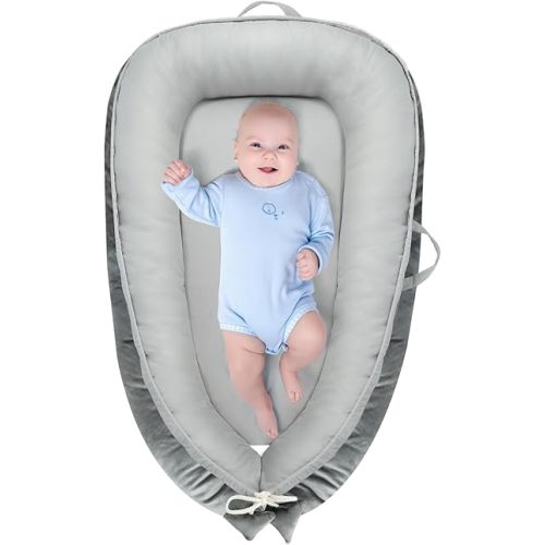 Baby Lounger - Baby Lounger for Newborn 0-24 Months, Breathable & Soft Cotton and Velvet Cover Co Sleeping Baby Nest, Baby Essentials & Shower Gifts, Portable Infant Lounger for Home and Travel