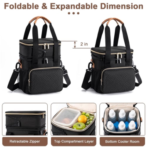 Breastmilk Cooler Bag with Ice Pack Fits 6 Baby Bottles Up to 9 Ounce, Expandable Double-Layer Leak-Proof Cooler Bag with Shoulder Strap for Nursing & Working Mom, Black