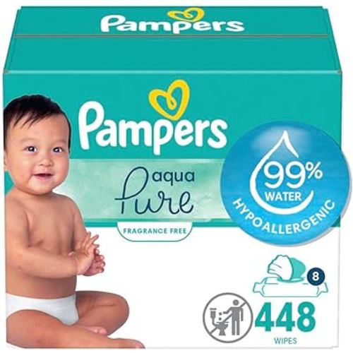Pampers Baby Wipes Aqua Pure, 99% water-based wipes, Hypoallergenic and Unscented Infant Wipe, 448 Total (8 Flip-Top Packs)