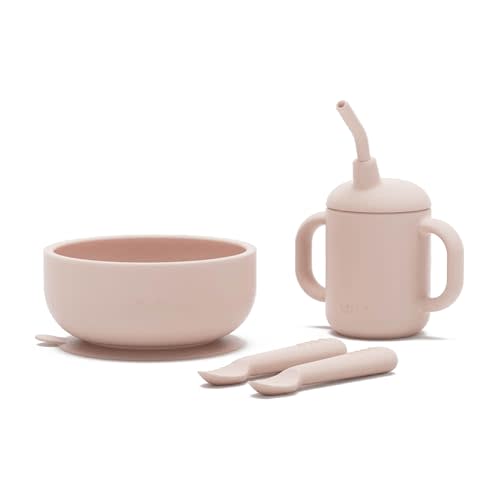 Lalo First Bites Silicone Baby Feeding Set - Baby Led Weaning Supplies - Non-Toxic Silicone - Includes 2 Spoons, Training Cup, & Suction Bowl - 4 Pieces - Grapefruit