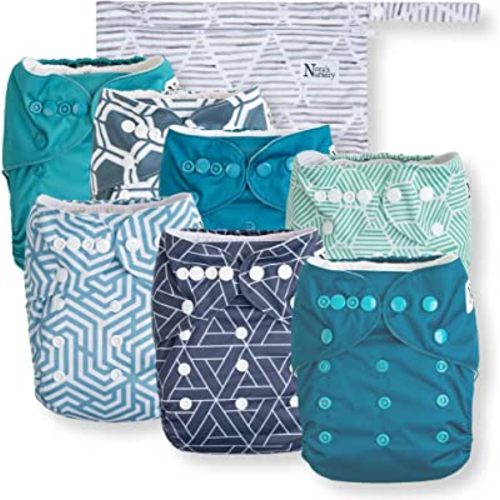 Nora's Nursery Cloth Diapers 7 Pack with 7 Bamboo Inserts & 1 Wet Bag - Waterproof Cover, Washable, Reusable & One Size Adjustable Pocket Diapers for Newborns and Toddlers - Dimensional Blues