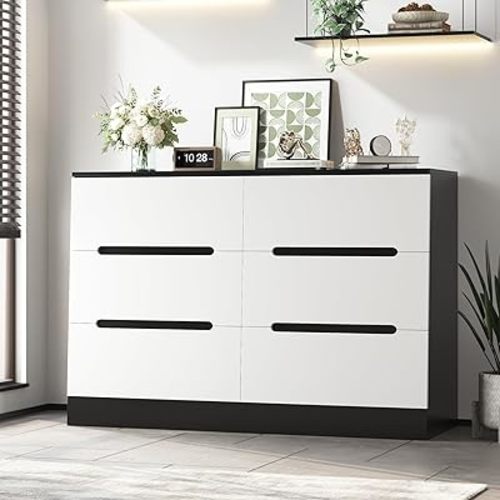 FOTOSOK White Dresser 6 Drawer Dresser, 47.2'' Chest of Drawers for TV Stand, Floor Storage Drawer Cabinet for Home Office