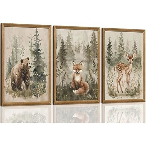 ICHZUMW Woodland Nursery Decor Wall Art Set of 3, Cute Forest Animals Canvas Prints Bear Fox Deer Pictures, Nature Watercolor Paintings for Baby Room Kids Bedroom Playroom, Neutral Artwork, 16x24in