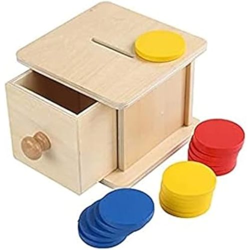Adena Montessori Coin Box, Object Permanence Box for 1 Year Old Baby, Wooden Montessori Ball Drop Developmental Toys for 6-12 Month Infant, Learning Kids Gifts (Typical Drawer Comes Out)