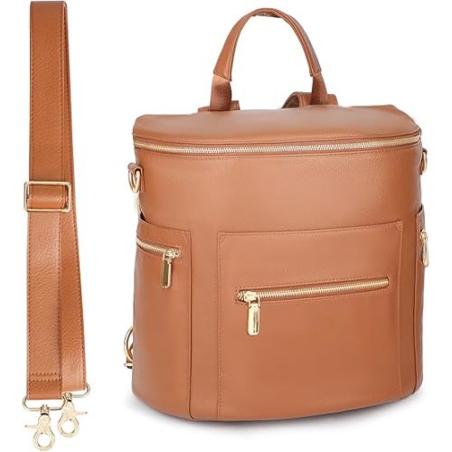 miss fong Diaper Bag Backpack Baby Diaper Bag, Large Leather Diaper Backpack with 16 Pockets Travel Diaper Bag with Diaper Changing Pad, Stroller Straps & 2 Insulated Pockets (Regular, Cognac)