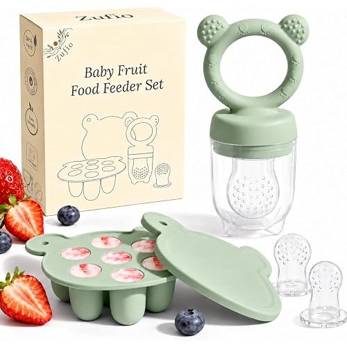 Baby Fruit Feeder Pacifier, Popsicle Mold with 3 Silicone Teat Sizes, Green