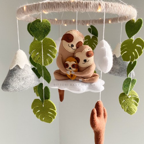 Sloth Mobile | Sloth Family Crib Mobile with Night Light & Personalization Cloud | Gender Neutral Nursery Decor | Baby Shower Gift