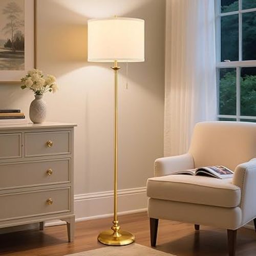 60" Gold Floor Lamp, Standing Lamp for Living Room, Bedroom, Office & Dining Room - Tall Corner Floor Lamps with Pull Chain Switch, Soft Lighting Farmhouse Design - Modern Floor Lamp (Bulb Included)