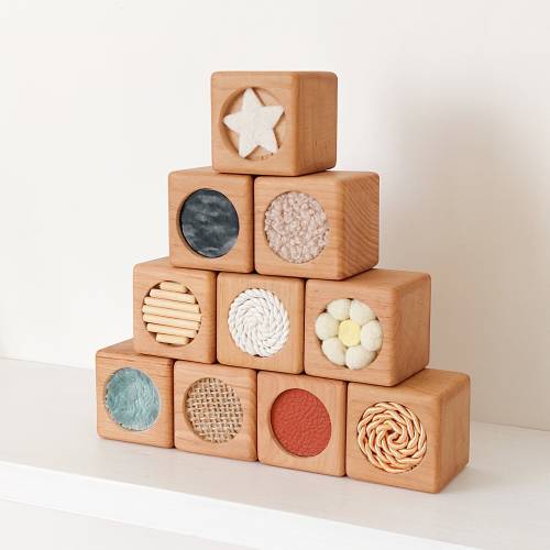 Set of 10 sensory blocks with linen bag - First birthday gift - Montessori wooden blocks - Toys for toddler - Development of motor skill