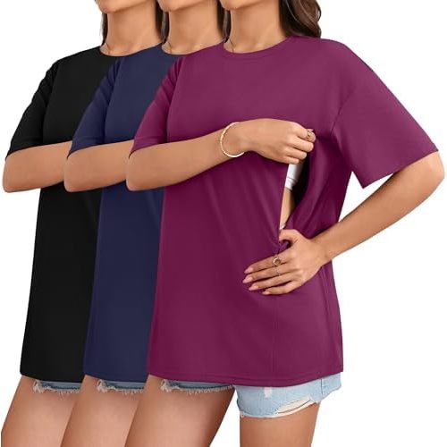 3 Pack Women's Oversize Nursing Breastfeeding Shirts Hidden Zipper Cotton Short Sleeve Loose Fit Maternity Tops