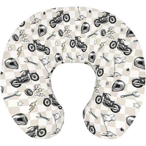 Cute Motorcycle Flag Plaid Nursing Pillow Cover Stretchy and Soft for Baby Girls Boys Motor Bikes Stars Breastfeeding Pillow Slipcovers for Race Vehicles Standard Nursing Pillows for Newborn