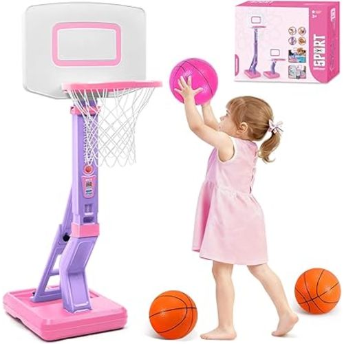 Toddler Basketball Hoop Indoor Outdoor - Height Adjustable 27.6-54 Inches (5 Slots), Kids Basketball Hoop with 4 Inflatable Balls & Pump, Safe Toddler Toys for 1-6 Year Old Boys Girls