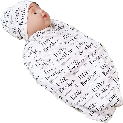Newborn Swaddle Blanket with Beanie Set,Soft Stretchy Blanket for 0-3 Months Baby Boys and Girls (Brother)