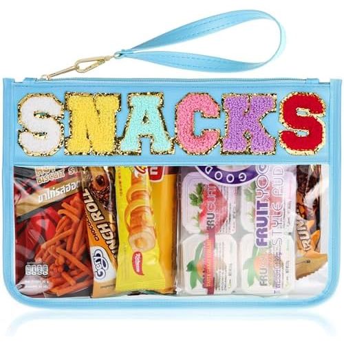 Snack Bag for Travel - Clear Chenille Varsity Letter Flat Pouch with Zipper, 12.2×8.46 inch Waterproof Clear Nylon Preppy Patch Makeup Cosmetic tote Bags for Women Girls