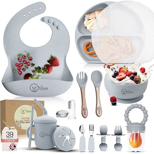 O'doe 17-Piece BPA-Free Silicone Baby Feeding Set | Thick & Soft Suction Plates, Baby Bowls, Wooden Fork & Spoon, and More | Make Mealtime Fun and Easy for Your Little One (Grey, V2)