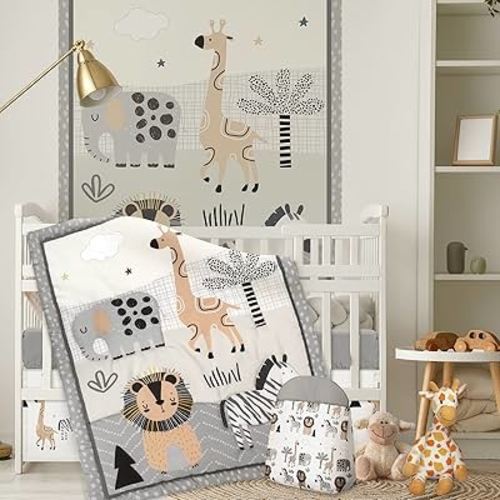 4 Piece Woodland Forest Animals Crib Bedding Set, Including Jungle Safari Crib Skirt, Blanket, Crib Sheet and Diaper Stacker, Soft Neutral Nursery Standard Size Baby Bedding for Baby Girls and Boys