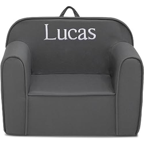 Delta Children Cozee Chair for Kids - 1 Seater Foam Toddler Couch can be Personalized with Name, Has Removable Cover for Easy Machine Washing (25x18x20.5 Inches, Dark Grey)