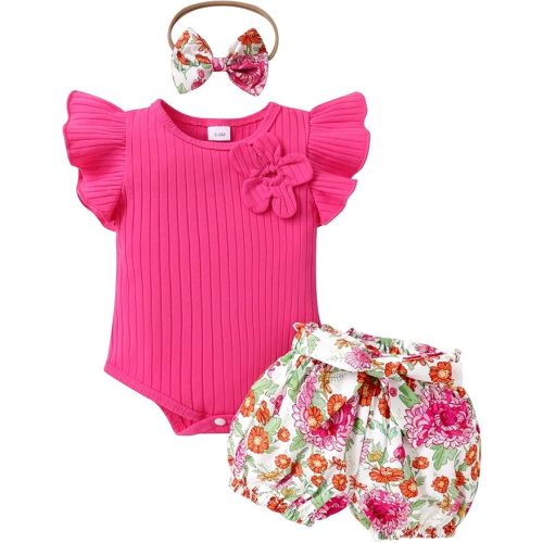 Tiny Cutey Baby Girl Clothes Infant Summer Outfits Set Ruffle Sleeve Romper and Floral Shorts with Headband