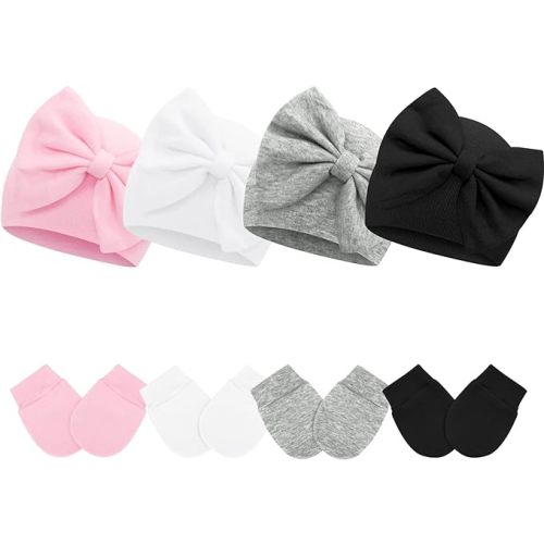 Baby Hats 0-6 Months Newborn Hats Infant Hat Newborn Beanie Baby Mittens Newborn Baby Cap Baby Hat and Mitten Set Cotton - 0-3 Months - 4 Pack Black, White, Pink, Grey
