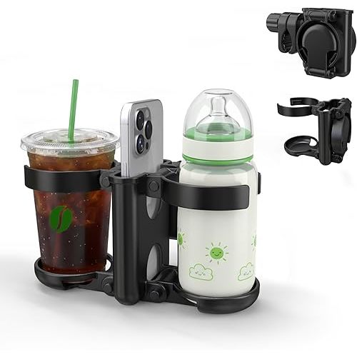 ZealSound Stroller Cup Holder – 3-in-1 Bottle Holder with Phone Holder, Foldable Large Caliber Drink Holder for Wheelchair, Stroller, Bike, Walker, Scooter, Compatible with Uppababy, Doona, Nuna