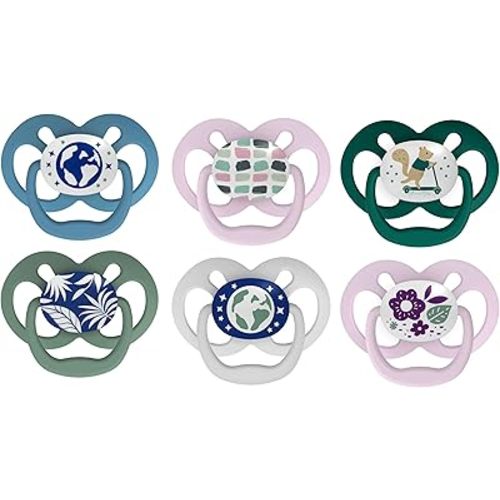 Dr. Brown's Advantage Glow-in-The-Dark Baby Pacifier, Fully Symmetrical Soother with Soft Silicone Bulb, Blue Nature-Purple Nature, 6-18m, BPA Free, 6 Pack