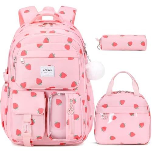 Backpack for Girls - Girls Backpack with Lunch Bag & Pencil Pouch for Teen Girls Kids Laptop Backpack for Women, Elementary Middle High School Bookbag Travel Daypack (Pink Strawberry)