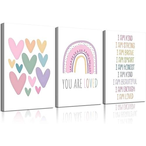 3Pcs Rainbow Nursery Canvas Wall Art Boho Positive Affirmations Wall Decor Pictures Kids Room Colorful Inspirational Quotes Posters Prints for Girls Room Classroom Playroom, 12x16in
