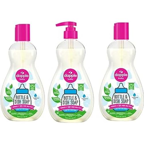Dapple Baby, Bottle and Dish Soap Dish Liquid Plant Based Hypoallergenic 1 Pump Included, Packaging May Vary, Fragrance Free, 16.9 Fl Oz (Pack of 3)
