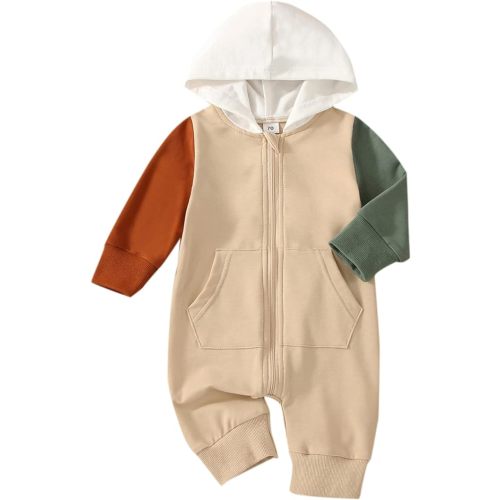 BemeyourBBs Newborn Baby Boy Clothes Color Block Long Sleeve Zipper Hooded Romper with Pocket Fall Winter One Piece Outfits - 6-12 Months - Zipper Khaki