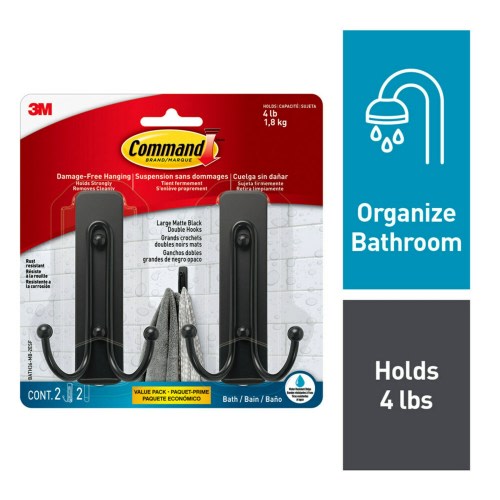 Command Bath Large Matte Black Double Hooks, 2pk