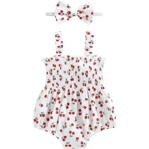 Infant Baby Girl Summer Outfit Clothes Sleeveless Smocked Cotton Linen Romper with Headband