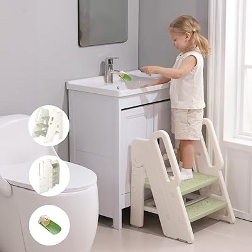 Foldable Step Stool for Kids Adjustable 3 to 2 Stools for Bathroom Sink Toddler Toilet Potty Training Stool Baby Kitchen Stool Children Step Ladder with Non-Slip Pads, Green