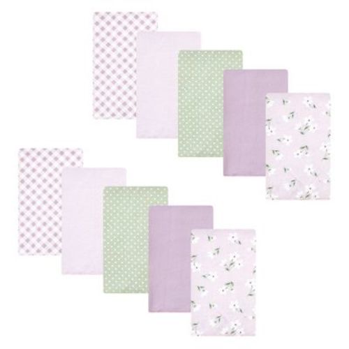 Hudson Baby Infant Girl Cotton Flannel Burp Cloths, Purple Dainty Floral 10 Pack, One Size