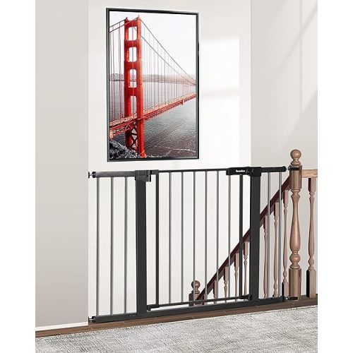 Newnice 29.7"-46" Baby Gate for Stairs, Auto Close Dog Gates for the House, Wide Baby Safety Pet Gates Pressure/Hardware Mounted for Doorway, Easy Walk Thru Child Gates for Stairs Kids Toddlers, Black