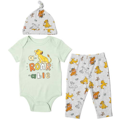 Disney Lion King Simba Timon Pumbaa Bodysuit Pants and Hat 3 Piece Outfit Set Newborn to Infant