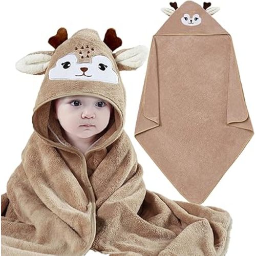 4Pack Hooded Baby Towels Unique Animal Design Cotton Hooded Towels Unisex Super Absorbent Baby Towels 31.5x31.5 Inch for Newborn Infant Toddler Essentials (Brown Deer-4pack)