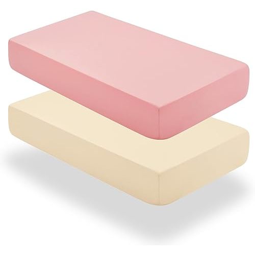 SiinvdaBZX 2 Pcs Baby Fitted Crib Sheets for Boys Girls, Soft Viscose Derived from Bamboo Crib Sheet Crib Mattress Sheets for Standard Crib and Toddler Mattress (Beige & Pink, 52"x28")